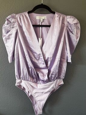 Adelyn Rae Lilac Satin Puff Sleeve Wrap Bodysuit
